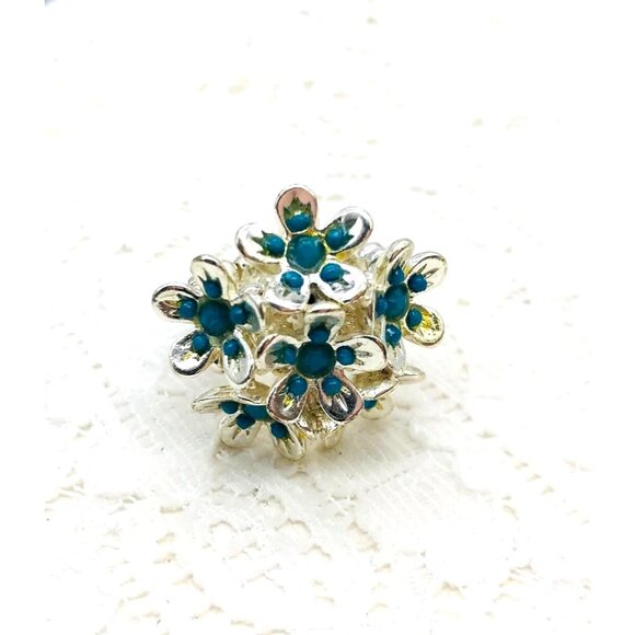 Floral Silver Tone with Blue Enamel Floral Adjustable Stretch Ring - Picture 2 of 7